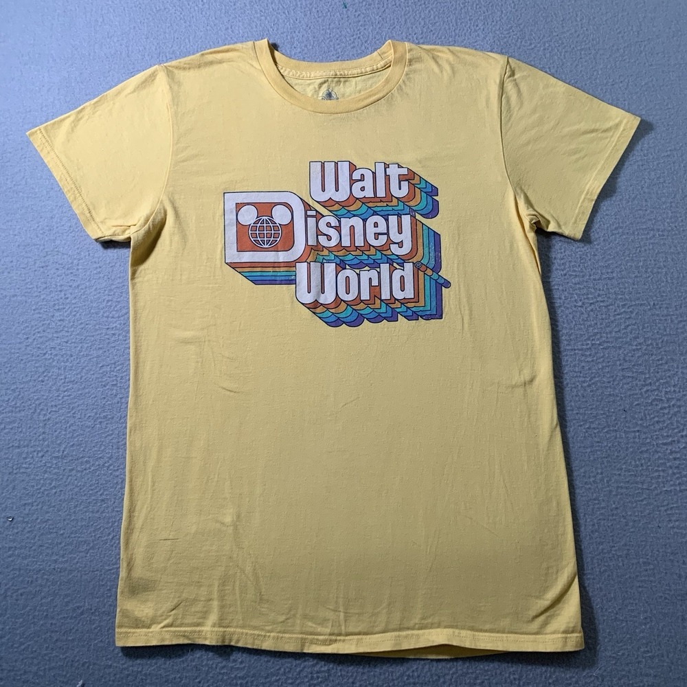Disney Parks Walt Disney World Retro Rainbow Logo Mickey Yellow T Shirt Medium